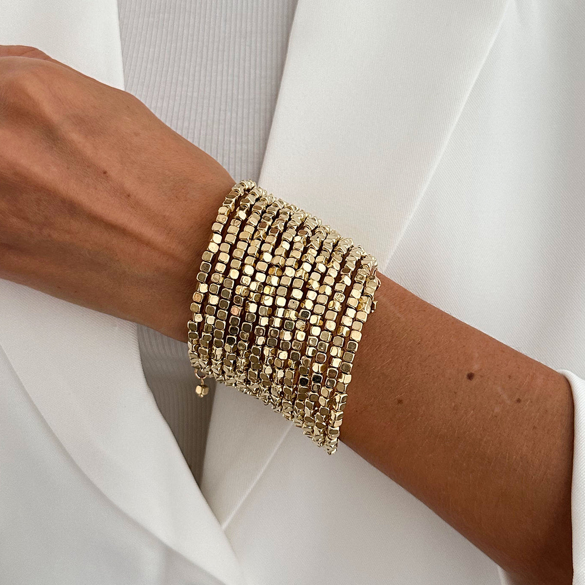 Goldtone Cube Layered Stretch Bracelet, vintage-inspired design, styled look