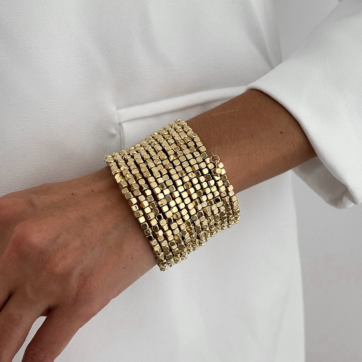 Goldtone Cube Layered Stretch Bracelet, vintage-inspired design, lifestyle look