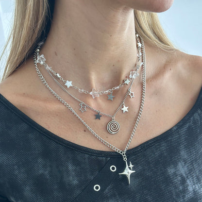 Clear Resin & Pearl Silvertone Swirl Star Pendant Necklace Set