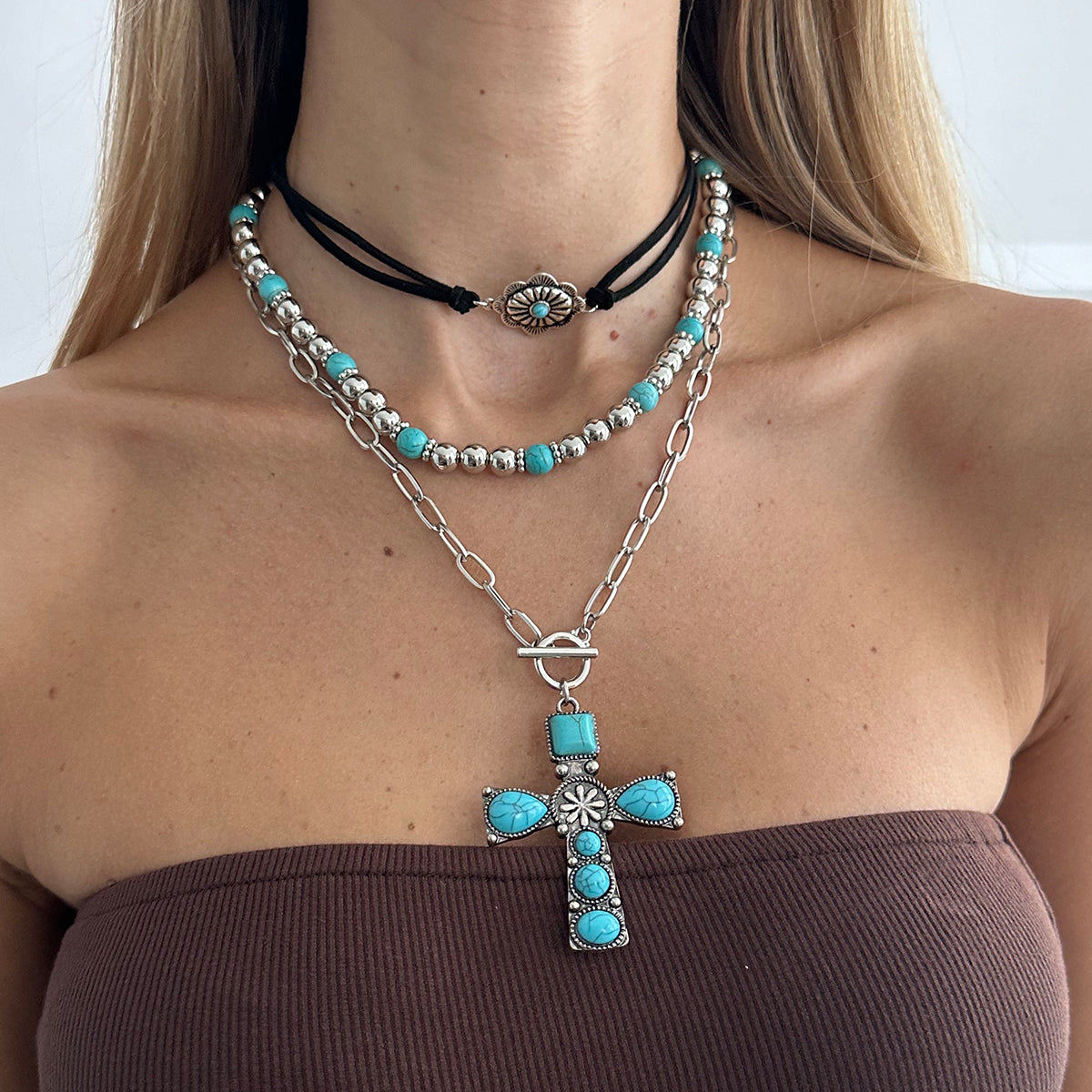 Black Polyster & Turqouise Silvertone Oval Cross Pendant Necklace Set