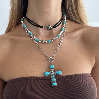 Black Polyster & Turqouise Silvertone Oval Cross Pendant Necklace Set