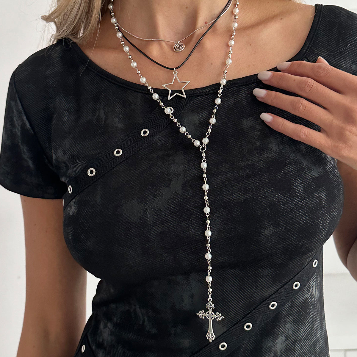 Black Polyster & Enamel Pearl Silvertone Star Cross Drop Necklace Set