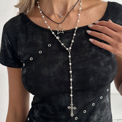 Black Polyster & Enamel Pearl Silvertone Star Cross Drop Necklace Set