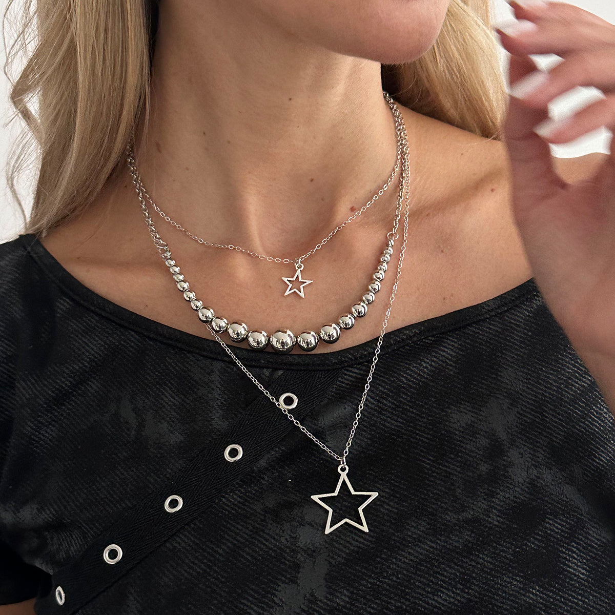 Silvertone Graduated Beaded Chain Open Star Pendant Layered Necklace, elegant gift for her, styled look