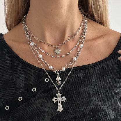 Pearl & Cubic Zirconia Enamel Silvertone Heart Skull Cross Pendant Necklace Set