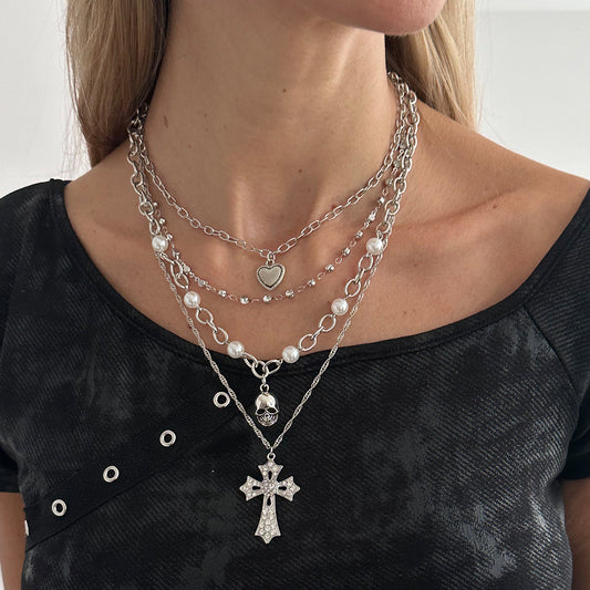 Pearl & Cubic Zirconia Enamel Silvertone Heart Skull Cross Pendant Necklace Set