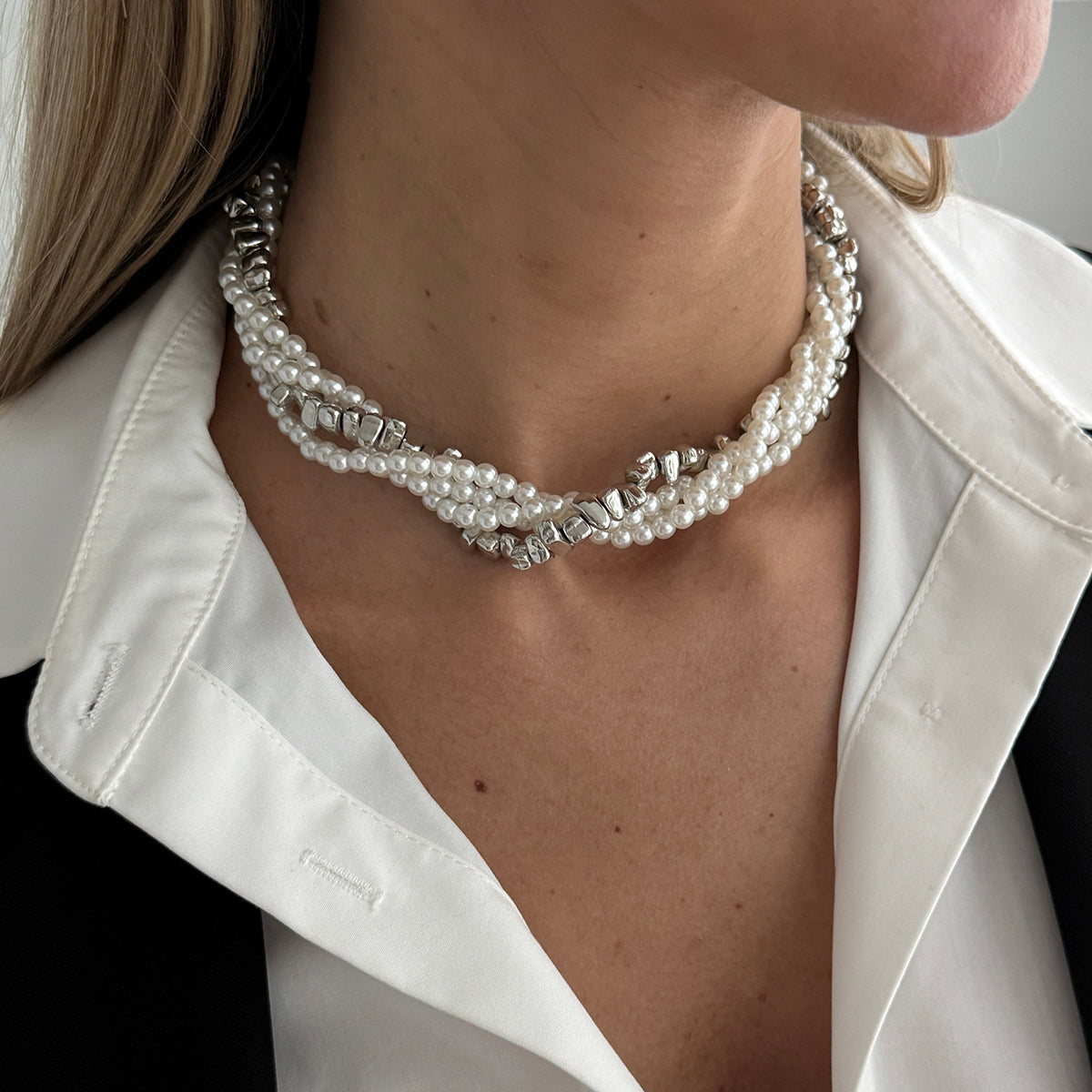 Pearl and Silvertone Irregular Beads Interlocked Layered Necklace, elegant gift for her, lifestyle look