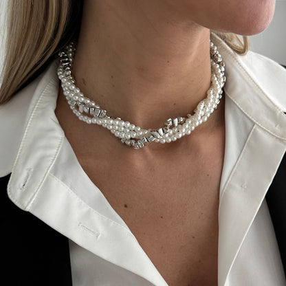 Pearl and Silvertone Irregular Beads Interlocked Layered Necklace, elegant gift for her, lifestyle look
