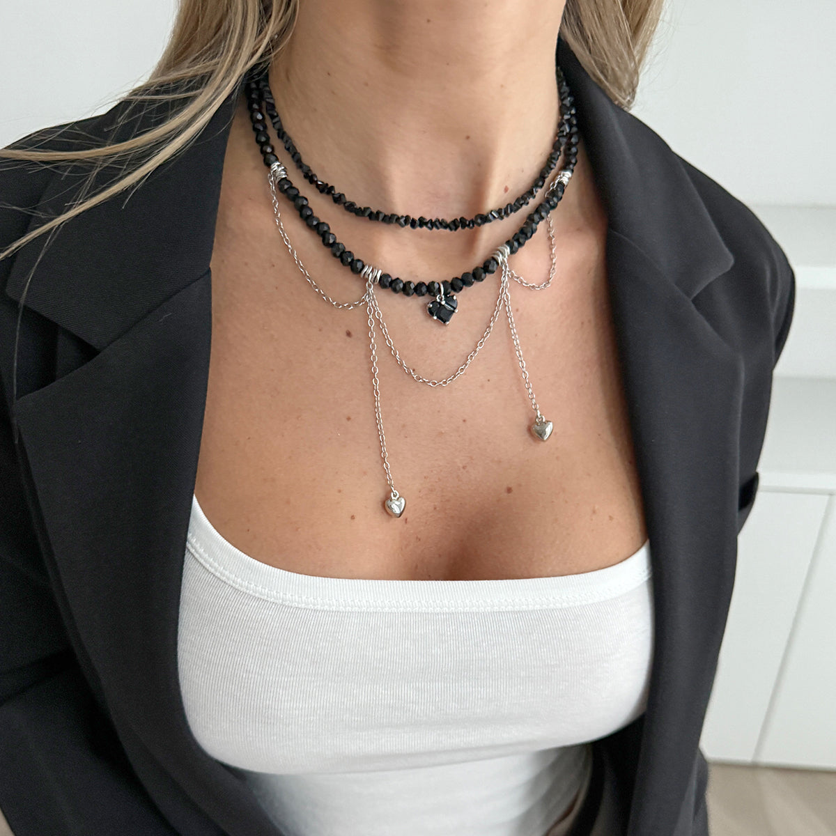 Black Crystal & Acrylic Silvertone Heart Pendant Tassel Necklace Set