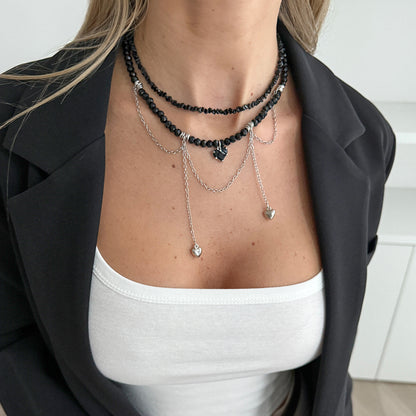 Black Crystal & Acrylic Silvertone Heart Pendant Tassel Necklace Set