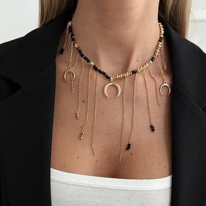 Black Acrylic and Goldtone Moon Pendant Tassel Necklace, dainty minimalist design, styled look