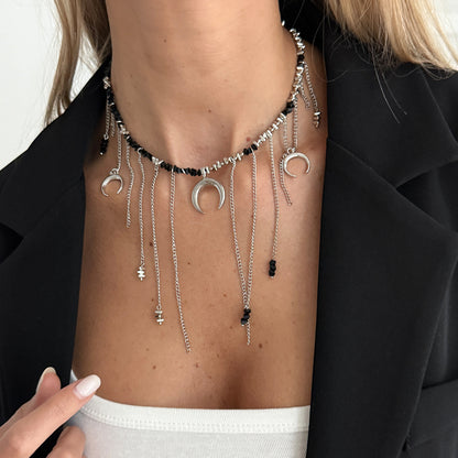 Black Acrylic and Silvertone Moon Pendant Tassel Necklace, vintage-inspired design, styled look