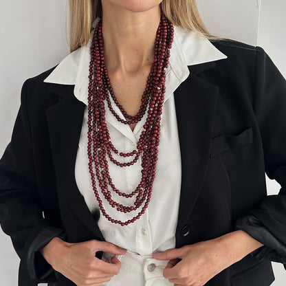 Red Wood and Goldtone Star Beaded Chain Layered Necklace, vintage-inspired design, styled look