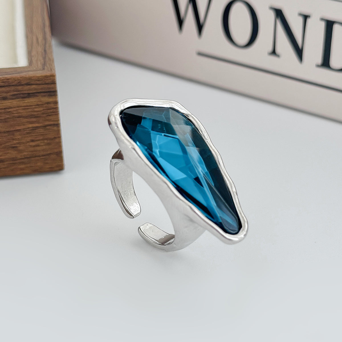 Teal Crystal and Silvertone Triangle Open Ring, everyday style, side view