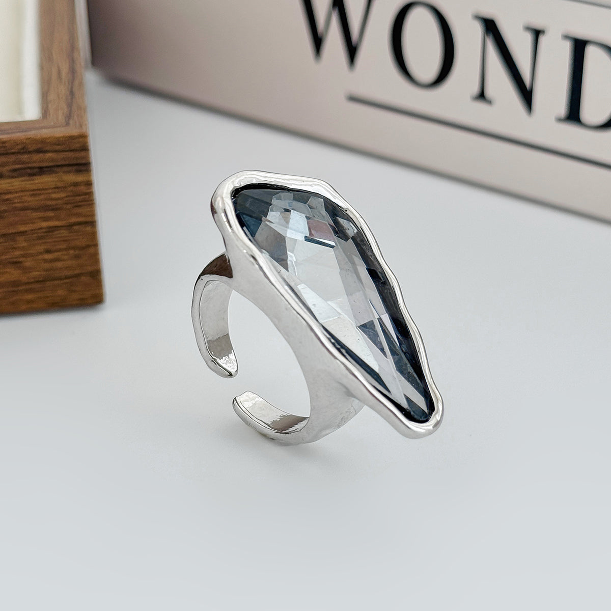 Gray Crystal and Silvertone Triangle Open Ring, everyday style, side view