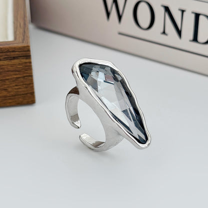 Gray Crystal and Silvertone Triangle Open Ring, everyday style, side view