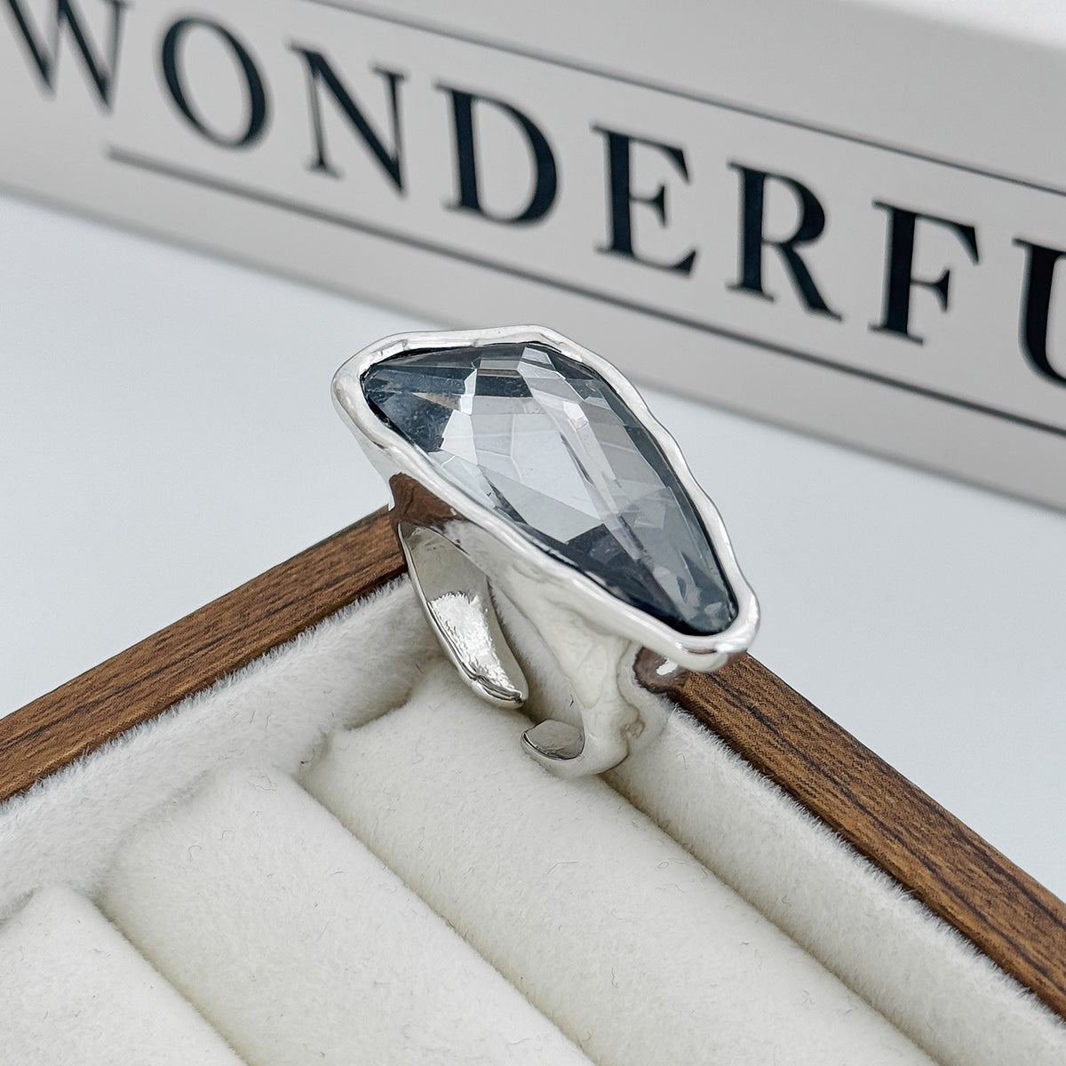 Gray Crystal and Silvertone Triangle Open Ring, everyday style, detail close-up