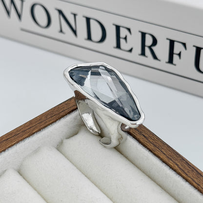 Gray Crystal and Silvertone Triangle Open Ring, everyday style, detail close-up