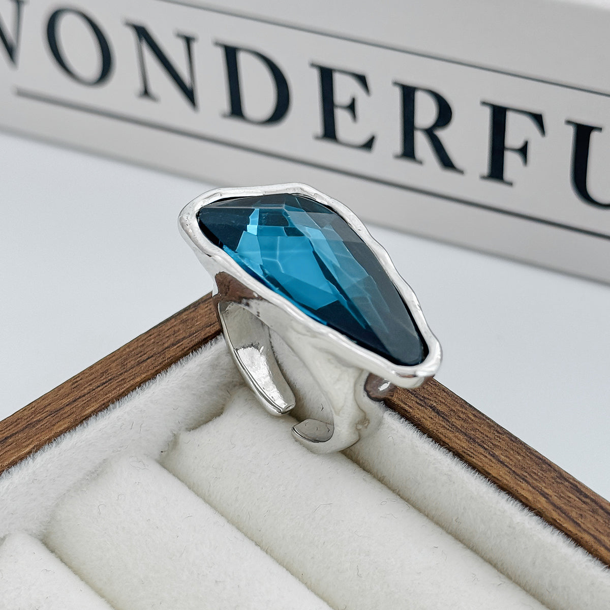 Teal Crystal and Silvertone Triangle Open Ring, everyday style, detail close-up