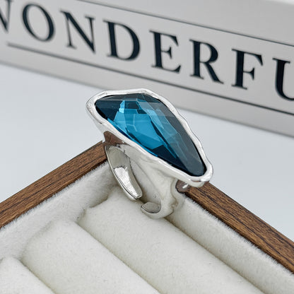 Teal Crystal and Silvertone Triangle Open Ring, everyday style, detail close-up