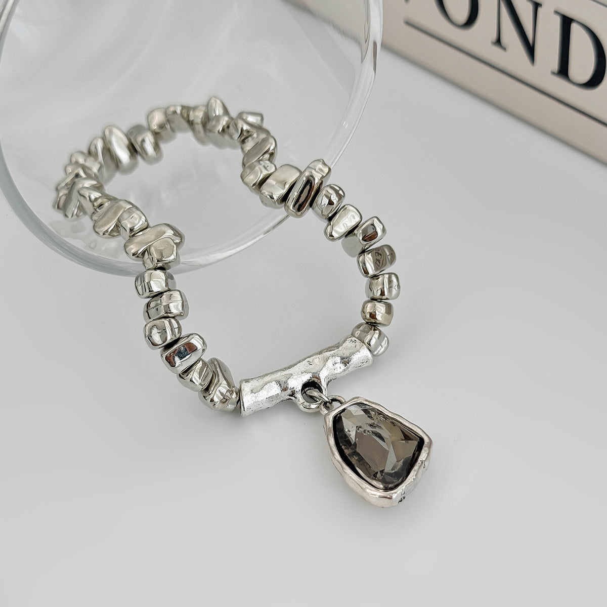Gray Crystal and Silvertone Beads Irregular Charm Stretch Bracelet, everyday style, detail close-up