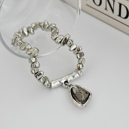 Gray Crystal and Silvertone Beads Irregular Charm Stretch Bracelet, everyday style, detail close-up