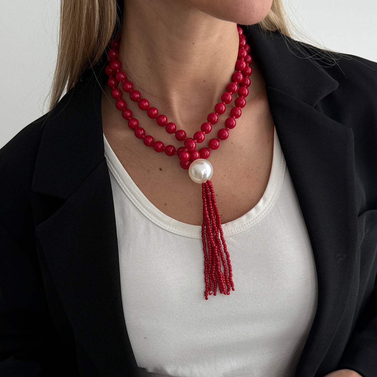 Red Resin and Pearl Big Ball Tassel Necklace, elegant gift for her, styled look