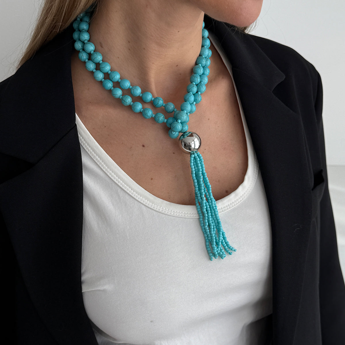 Blue Resin and Silvertone Big Ball Tassel Necklace, everyday style, styled look