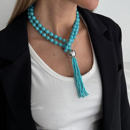 Blue Resin and Silvertone Big Ball Tassel Necklace, everyday style, styled look