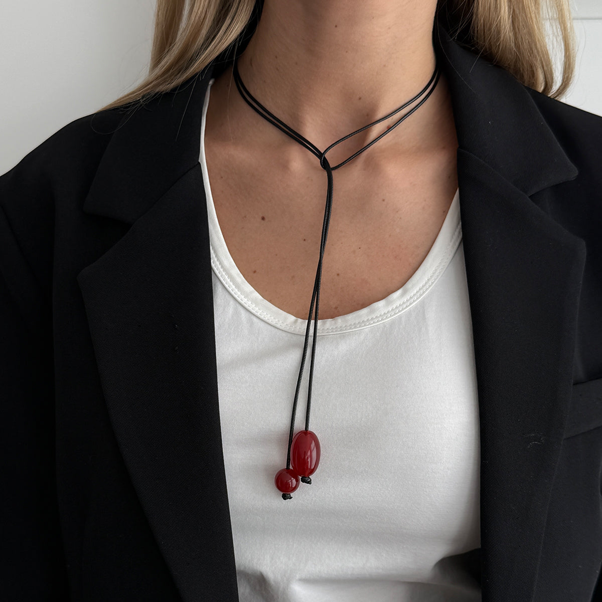 Red Resin and Polyster Dual-Drop Long Necklace, everyday style, lifestyle look