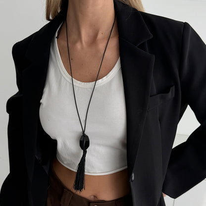 Black Irregular Resin and Polyster Tassel Necklace, elegant gift for her, styled look