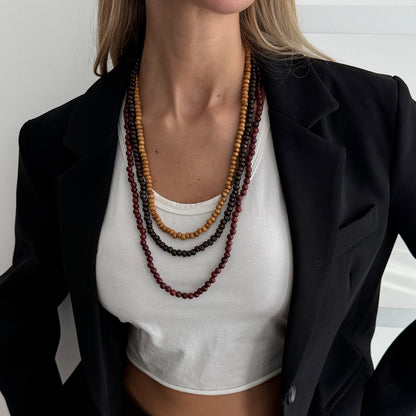 Multi-Colored Wood and Goldtone Beaded Chain Layered Necklace, everyday style, styled look