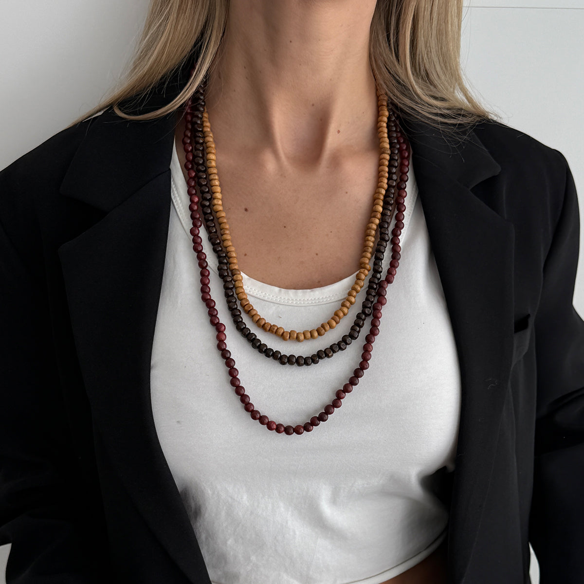 Multi-Colored Wood and Goldtone Beaded Chain Layered Necklace, everyday style, lifestyle look