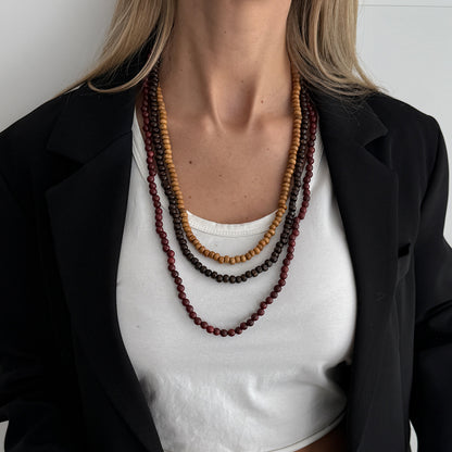 Multi-Colored Wood and Goldtone Beaded Chain Layered Necklace, everyday style, lifestyle look