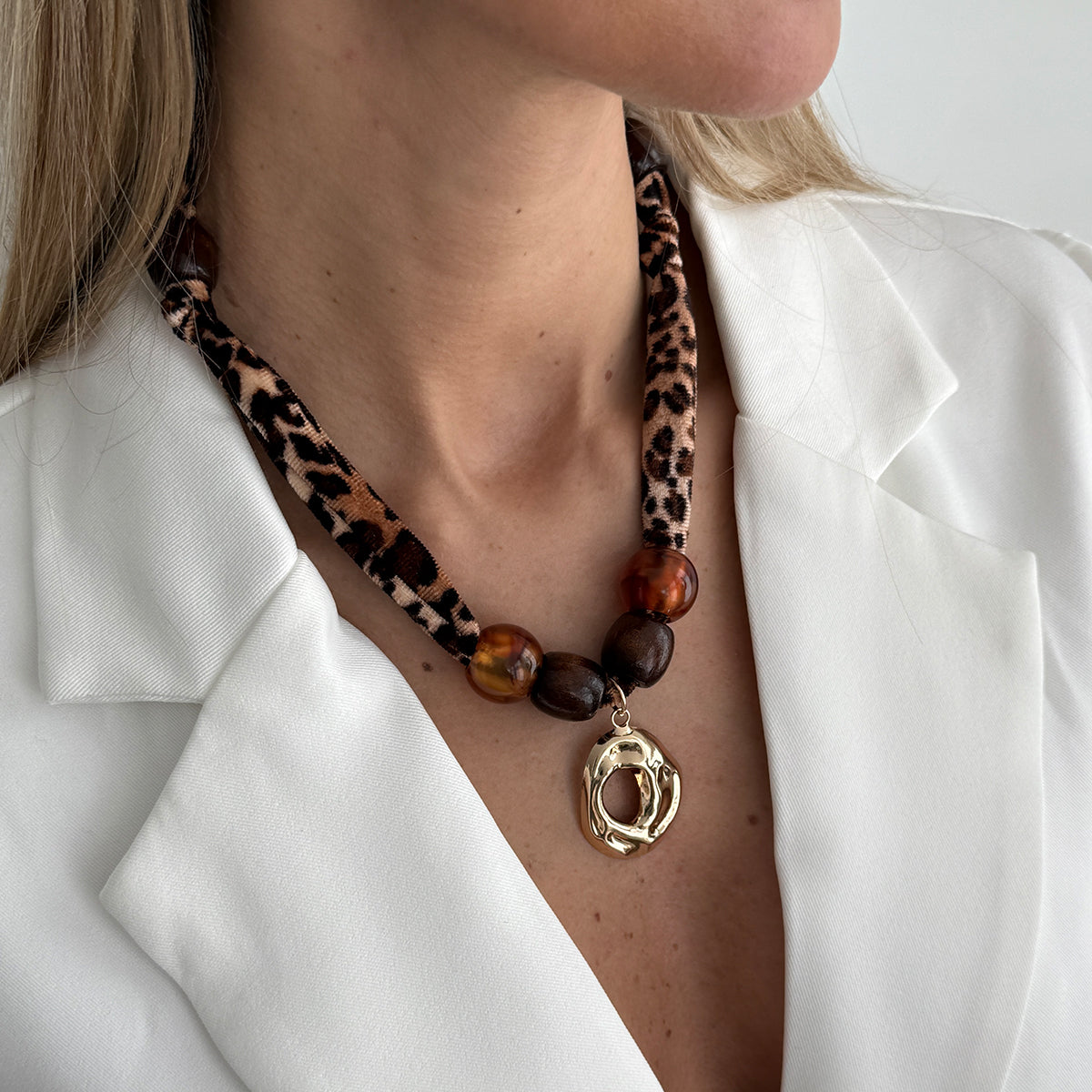 Polyster and Resin Wood Goldtone Pendant Leopard Print Necklace, vintage-inspired design, styled look