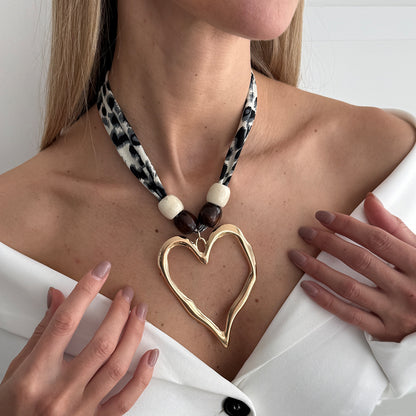 Polyster and White Wood Goldtone Open Heart Pendant Necklace, botanical inspired, styled look