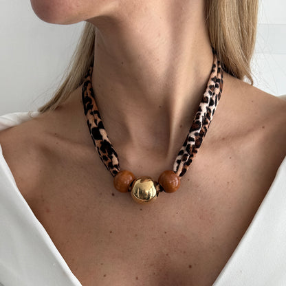 Polyster and Wood Goldtone Ball Collar Necklace, vintage-inspired design, lifestyle look