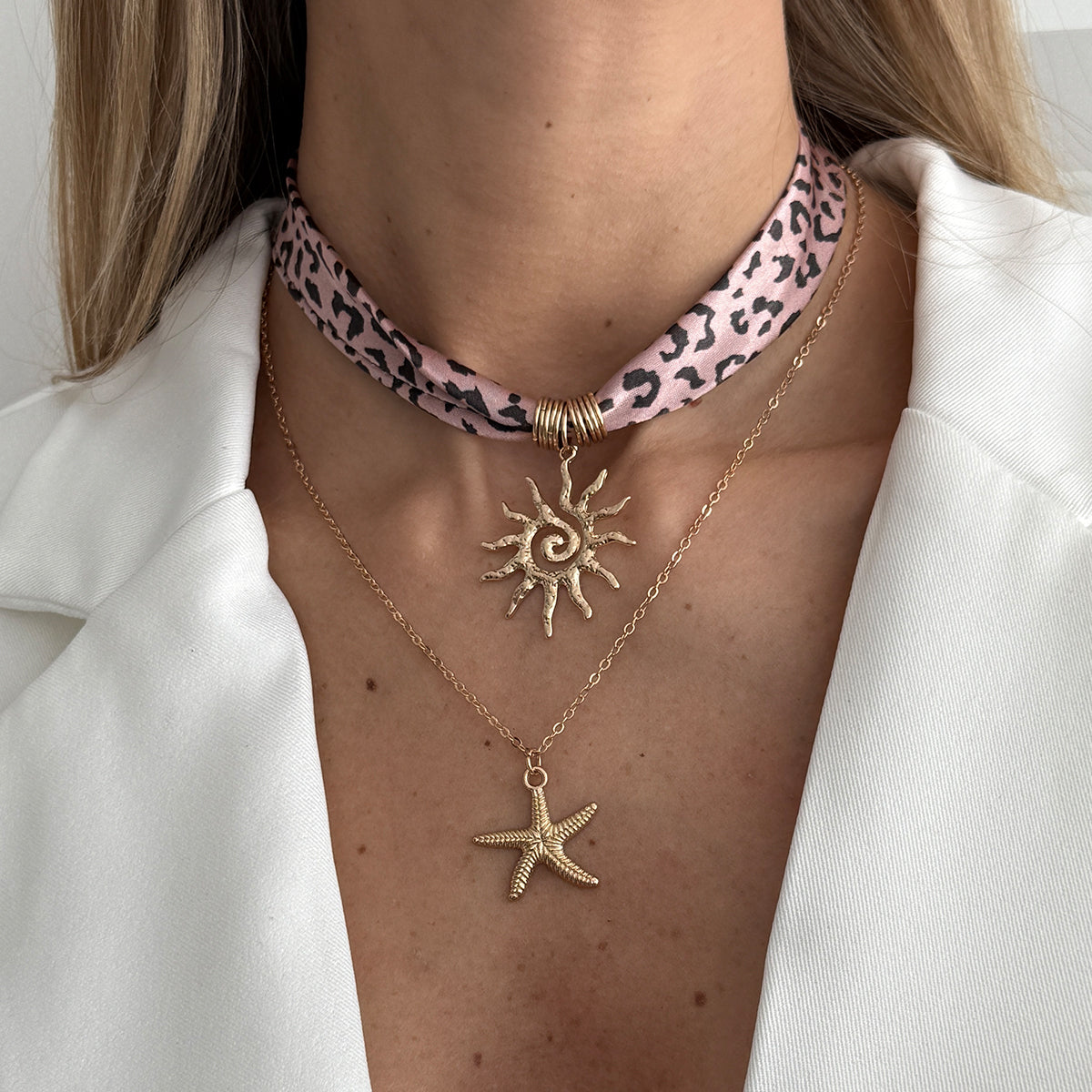 Polyster & Goldtone Cow Print Sun Starfish Pendant Necklace Set
