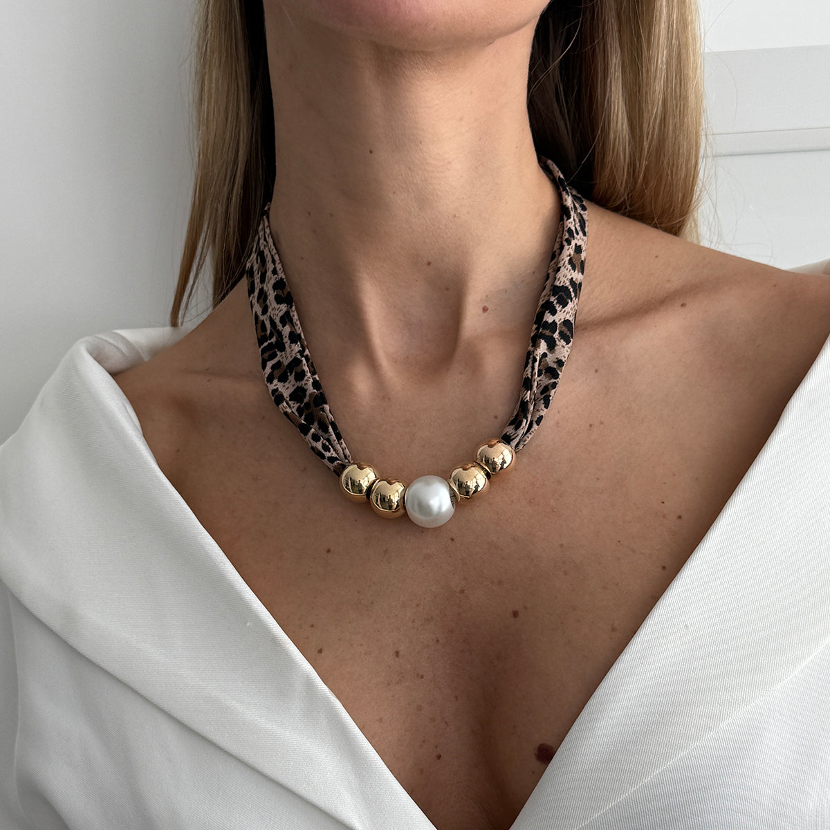 Leopard Print Polyster and Pearl Goldtone Ball Collar Necklace, dainty minimalist design, lifestyle look