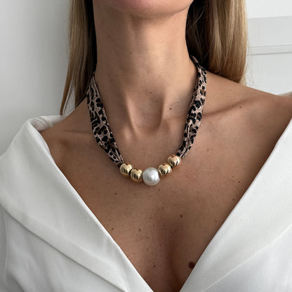Leopard Print Polyster and Pearl Goldtone Ball Collar Necklace, dainty minimalist design, lifestyle look