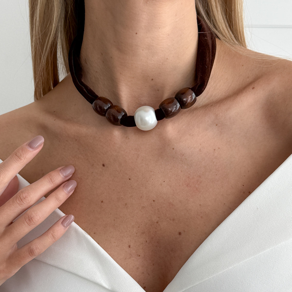 Dark Brown Polyster and Wood Pearl Silvertone Ball Collar Necklace, everyday style, styled look
