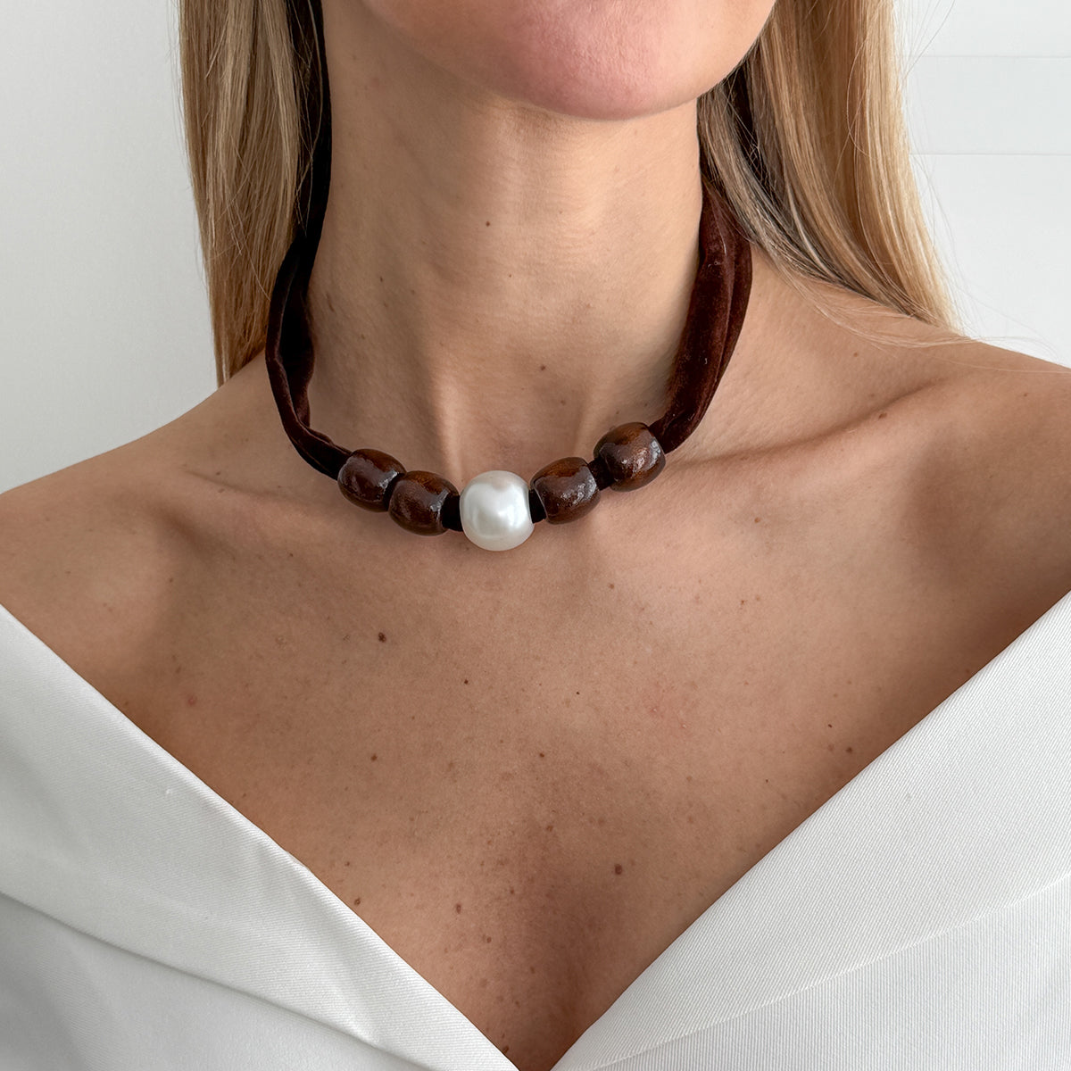 Wine Red Polyster and Wood Pearl Silvertone Ball Collar Necklace, everyday style, styled look