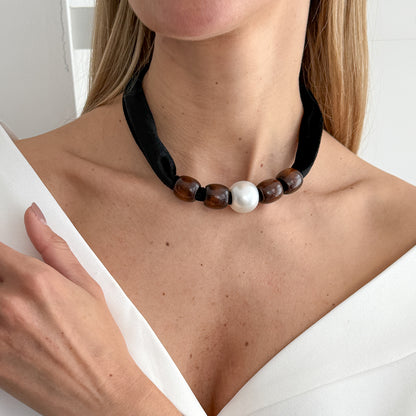 Black Polyster and Wood Pearl Silvertone Ball Collar Necklace, everyday style, lifestyle look