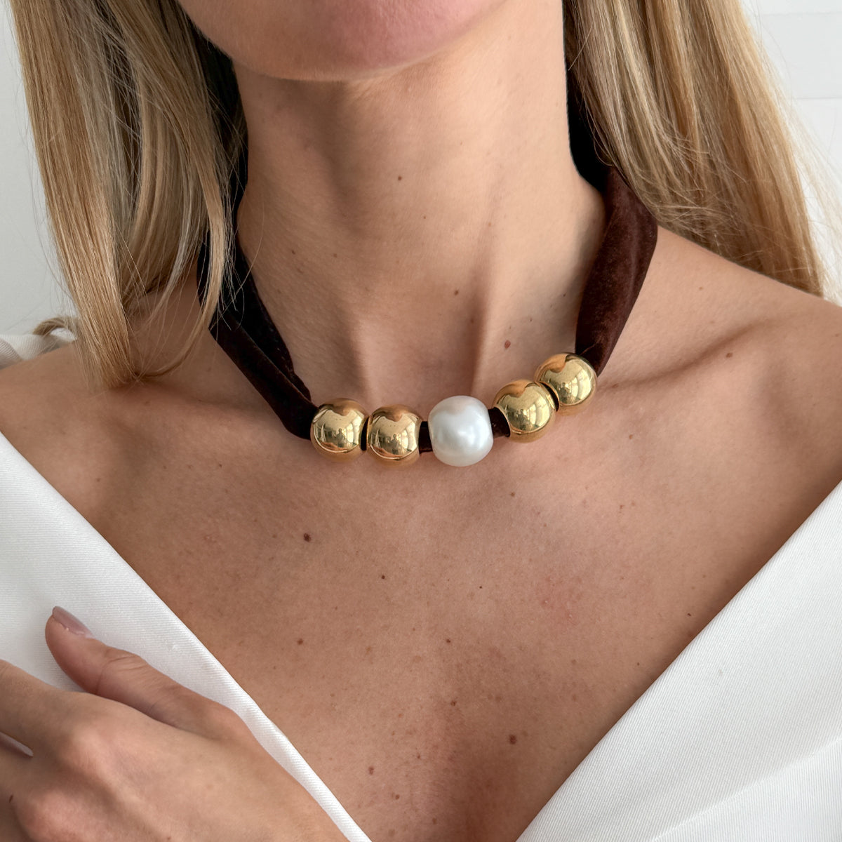 Dark Brown Polyster and Pearl Goldtone Ball Collar Necklace, botanical inspired, styled look