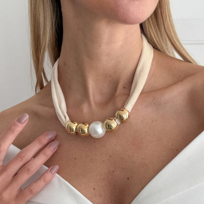Beige Polyster and Pearl Goldtone Ball Collar Necklace, botanical inspired, styled look