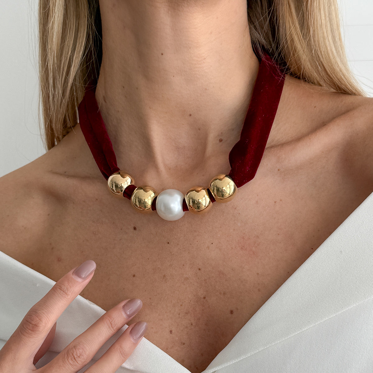 Wine Red Polyster and Pearl Goldtone Ball Collar Necklace, botanical inspired, styled look