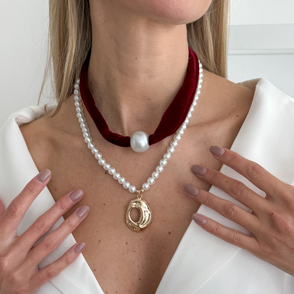 Wine Red Polyster & Pearl Goldtone Open Drop Pendant Necklace Set