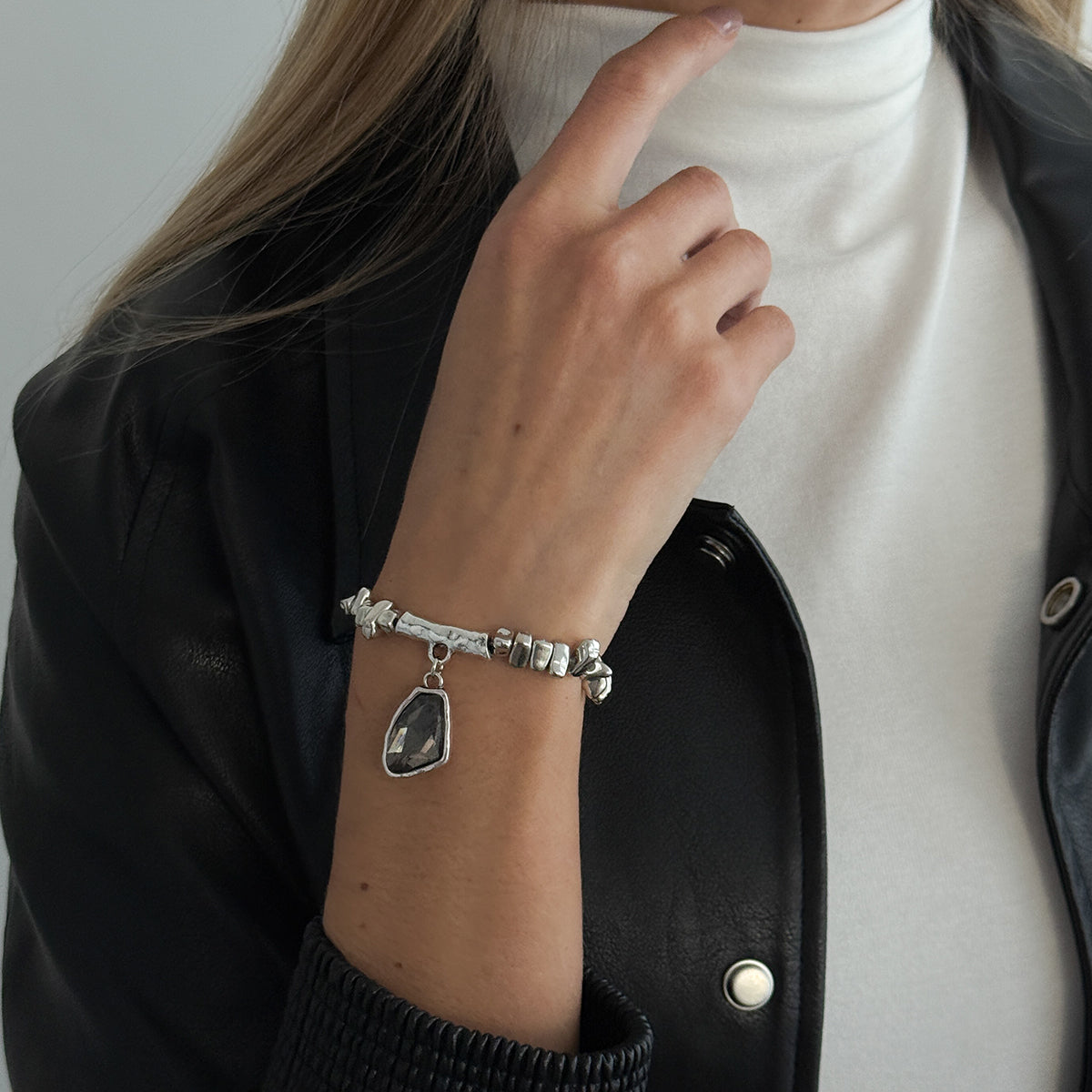 Gray Crystal and Silvertone Beads Irregular Charm Stretch Bracelet, everyday style, lifestyle look