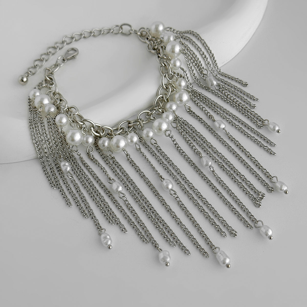 Pearl and Silvertone Beads Tassel Bracelet, silver bracelet for women, everyday style, side view