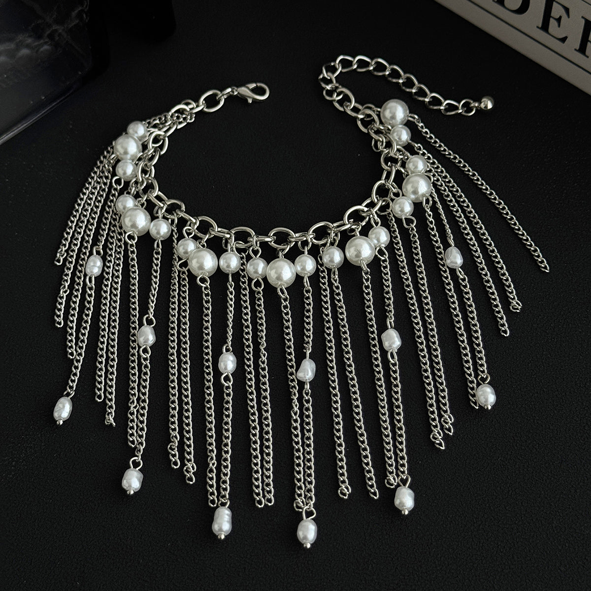 Pearl and Silvertone Beads Tassel Bracelet, silver bracelet for women, everyday style, detail close-up